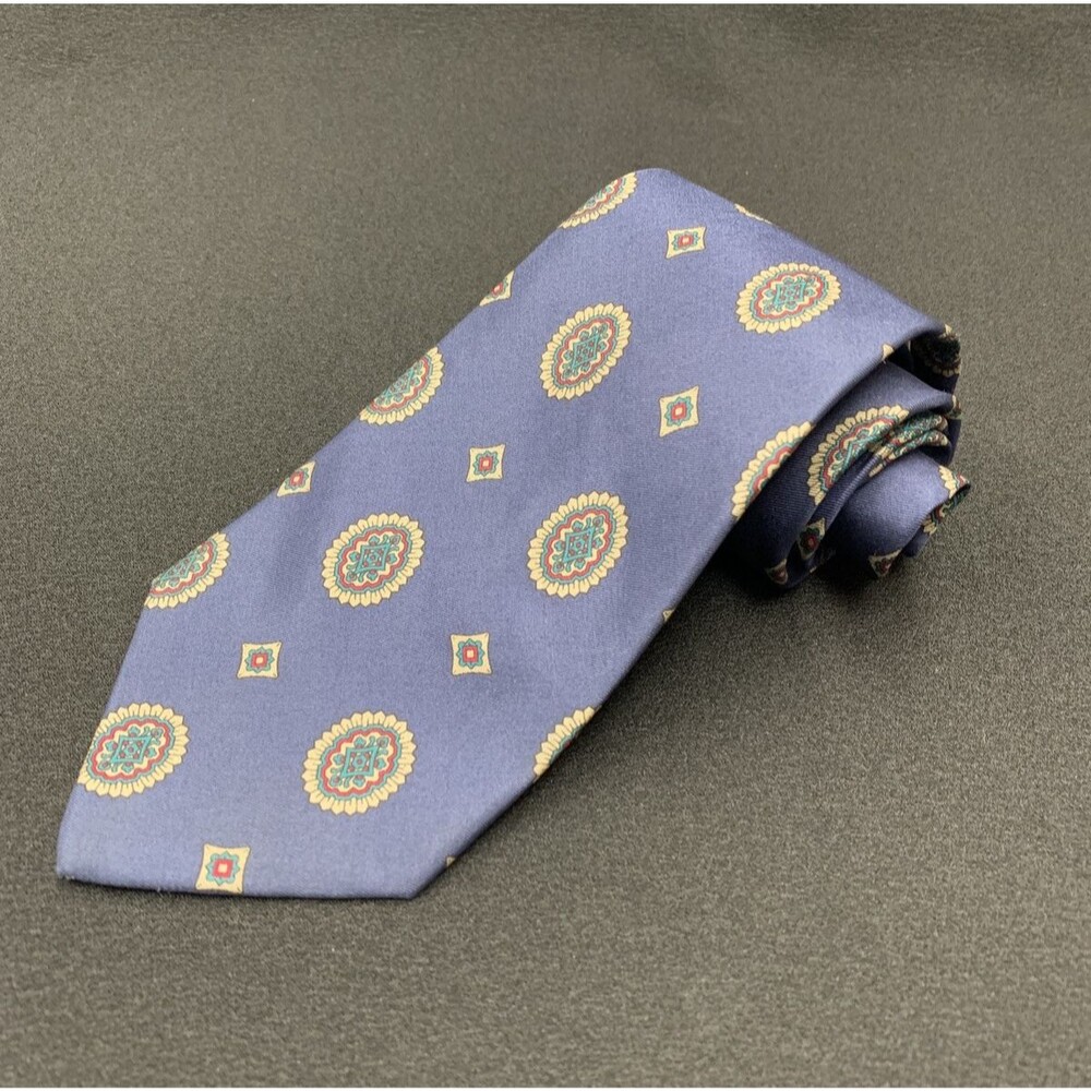 Vtg 80s 90s Tom James Silk Neck Tie Blue Bold Medallion Printed Twill Executive